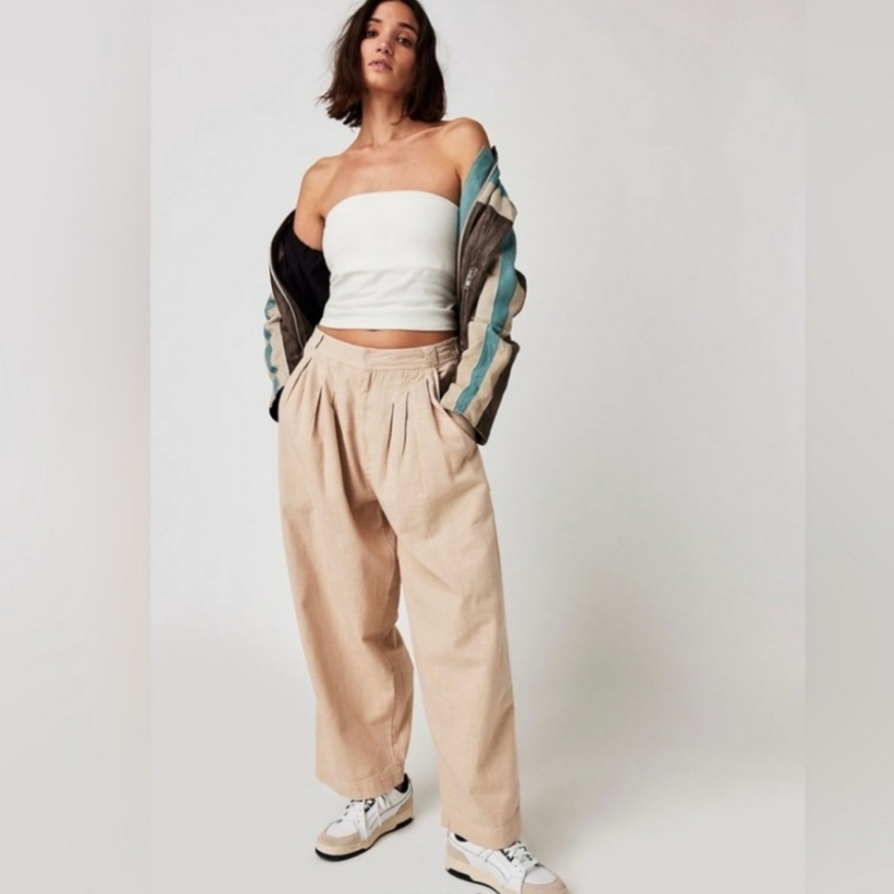 Free People Lotta Love Pleated Wide-leg cotton pants - pebble (tan/cream)